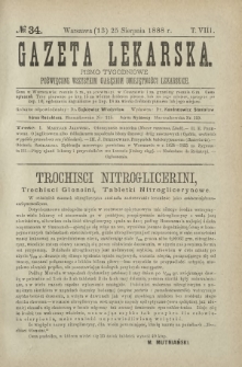 Gazeta Lekarska : pismo tygodniowe poświęcone wszystkim gałęziom umiejętności lekarskich 1888 ; spis treści rocznika XXIII Ser. II R. 23 T. 8 nr 34