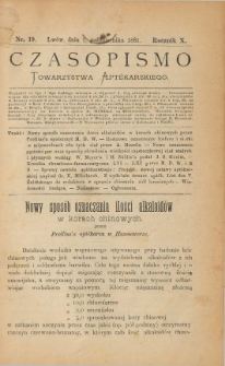 Czasopismo Towarzystwa Aptekarskiego 1881 T.10 nr 19